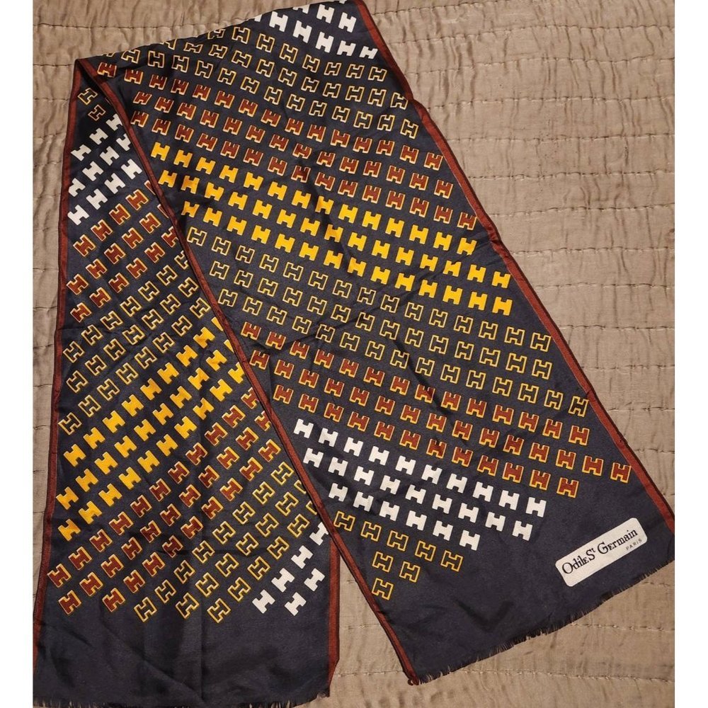 Odile St Germain Paris Scarf Burgundy Navy Blue Gold Abstract Neck Scarf